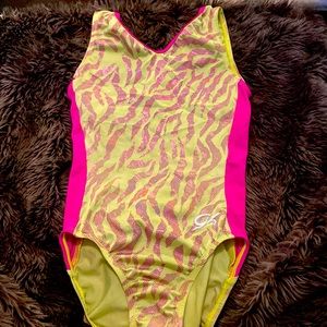 Gymnastics and dance leotard. Pink and lime green GK leotard